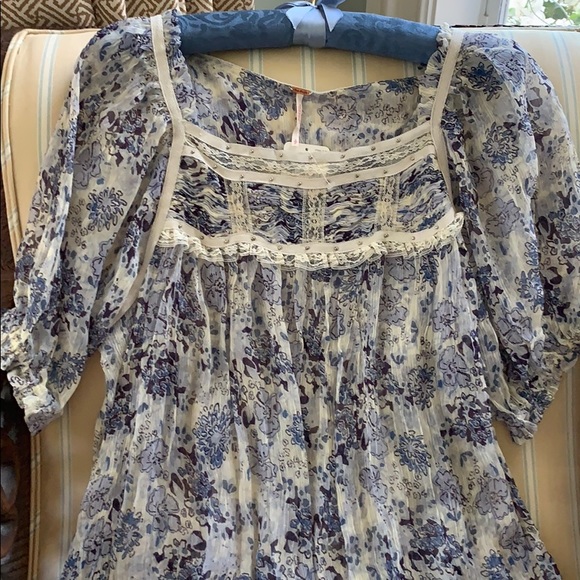 FREE PEOPLE MORE THAN A FEELING TUNIC/MINI DRESS BEAUTIFUL BLUES WITH CREAM S - Picture 4 of 12